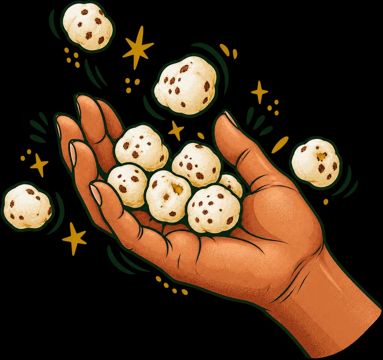Illustrated hand tossing a handful of roasted makhana